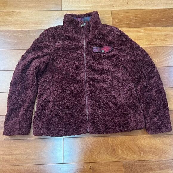 Pendleton Zip Up Burgundy Boucle teddy Fleece Jacket With Plaid Pocket Size L - Picture 2 of 10